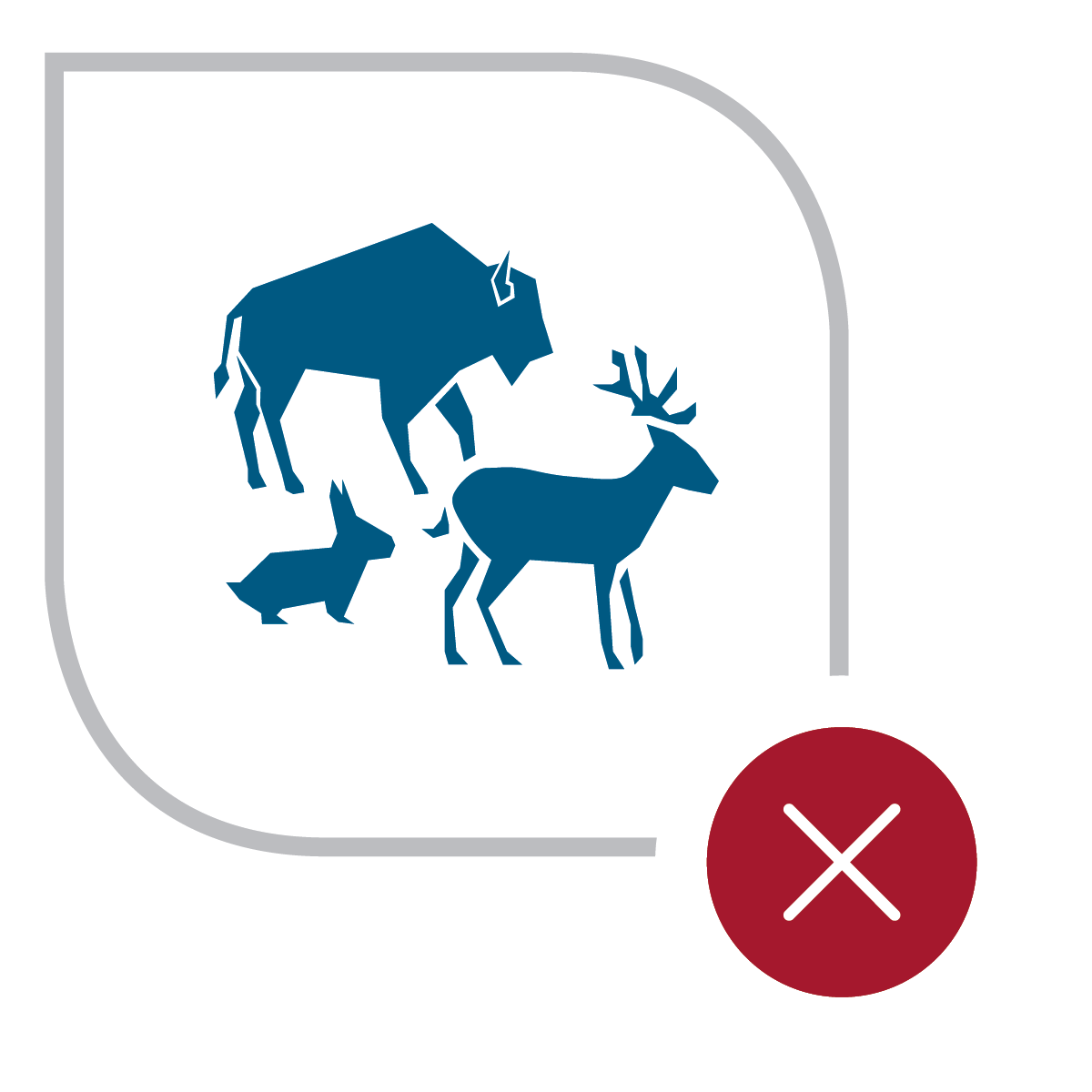 An icon featuring the silhouette of a rabbit, a deer, and a bull, with a red X in the bottom right